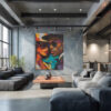 Two overlapping portrait faces in vivid teal, amber and red geometric acrylic style, bold contemporary wall art canvas