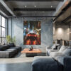 Red sports car on rain-slicked neon city street, bold moody digital art canvas for living room or home office