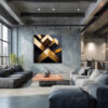 Gold metallic intersecting architectural beams, dramatic chiaroscuro, art deco contemporary wall art canvas for living room