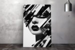 Monochrome portrait with eye mask and shattered photographic strip collage, bold black and white wall art canvas