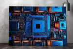 Top-down motherboard and CPU circuit board in electric blue and burnt orange, bold digital art canvas for home office