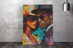 Two overlapping portrait faces in vivid teal, amber and red geometric acrylic style, bold contemporary wall art canvas