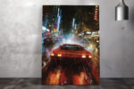 Red sports car on rain-slicked neon city street, bold moody digital art canvas for living room or home office