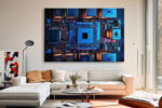 Top-down motherboard and CPU circuit board in electric blue and burnt orange, bold digital art canvas for home office