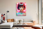 Female figure with blunt bob and polka-dot top framed by neon concentric halos, vibrant digital art canvas print
