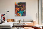 Two overlapping portrait faces in vivid teal, amber and red geometric acrylic style, bold contemporary wall art canvas