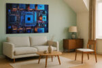 Top-down motherboard and CPU circuit board in electric blue and burnt orange, bold digital art canvas for home office