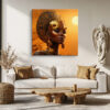 Regal woman in gold headdress and collar necklace, warm amber tones, bold Afrofuturist portrait canvas art