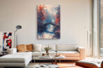 Arched stone bridge in autumn mist with burnt orange trees and calligraphy, japandi canvas wall art for living room