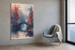 Arched stone bridge in autumn mist with burnt orange trees and calligraphy, japandi canvas wall art for living room
