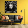 Monochrome female portrait with striped dome headpiece and radiating stripes, bold digital art canvas for living room