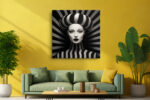 Monochrome female portrait with striped dome headpiece and radiating stripes, bold digital art canvas for living room