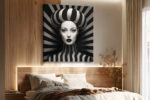 Monochrome female portrait with striped dome headpiece and radiating stripes, bold digital art canvas for living room