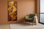 Luminous female profile in golden amber contour lines and abstract waves, moody digital art canvas for living room
