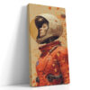 Female astronaut in orange spacesuit with gold visor and paint splatter, bold portrait canvas for living room or home office