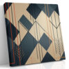 Interlocking diamond chevron pattern in warm tan and slate blue with copper orange motifs, geometric canvas wall art
