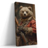 Anthropomorphized bear in red period coat with musket, dramatic classical portrait canvas for living room or home office