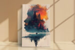 Profile silhouette filled with pine trees and fiery clouds in teal and burnt orange, double-exposure canvas wall art