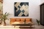 Interlocking diamond chevron pattern in warm tan and slate blue with copper orange motifs, geometric canvas wall art
