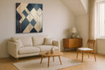 Interlocking diamond chevron pattern in warm tan and slate blue with copper orange motifs, geometric canvas wall art