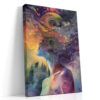 Human profile with cosmic swirling mindscape, violet and orange digital art portrait canvas for living room