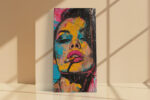 Bold urban pop art portrait of a woman with cigarette, vivid amber, hot pink and cyan paint splatters, mixed media canvas
