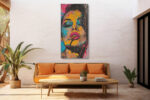 Bold urban pop art portrait of a woman with cigarette, vivid amber, hot pink and cyan paint splatters, mixed media canvas