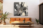 Woman's portrait emerging from monochrome patterned paper collage, bold mixed-media square wall art for living room