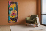 Bold urban pop art portrait of a woman with cigarette, vivid amber, hot pink and cyan paint splatters, mixed media canvas