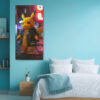 Punk Pikachu in spiked leather jacket on neon-lit urban street, bold yellow pop art canvas for gaming room