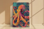 Octopus with radiating tentacles in vivid orange and magenta, grunge street art style canvas print for living room or office