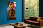 Punk Pikachu in spiked leather jacket on neon-lit urban street, bold yellow pop art canvas for gaming room