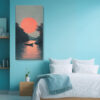 Lone boat on calm teal water beneath a flat coral sun disc, dark tree-lined banks, digital art canvas for bedroom