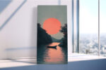 Lone boat on calm teal water beneath a flat coral sun disc, dark tree-lined banks, digital art canvas for bedroom