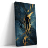 Levitating silhouette with gold paint streaks on deep teal, dramatic abstract mixed-media wall art for living room
