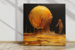 Glowing amber sphere and dripping humanoid figure in bold warm tones, surreal digital art canvas for a living room