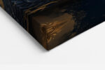 Symmetrical dragon head with gold filigree and carved scales on deep navy, bold digital art canvas for living room