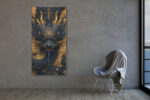 Symmetrical dragon head with gold filigree and carved scales on deep navy, bold digital art canvas for living room