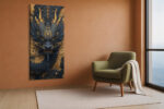 Symmetrical dragon head with gold filigree and carved scales on deep navy, bold digital art canvas for living room
