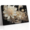 Baroque ivory and cream flowers with gold stamen and scrollwork on black, bold floral wall art canvas for living room