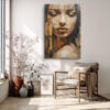 Woman's collage portrait in warm tan and deep brown, mixed-media fragmented canvas art for living room or home office
