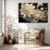 Baroque ivory and cream flowers with gold stamen and scrollwork on black, bold floral wall art canvas for living room