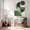 Bold abstract circles and cracked-cell pattern in near-black, warm off-white, and medium green u2014 contemporary canvas wall art