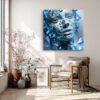 Fragmented CGI human face in vivid sky blue and ice blue geometric shards, abstract digital art canvas for living room