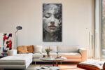 Woman's face with closed eyes and terracotta lips, impasto digital art portrait canvas for living room or bedroom