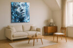 Fragmented CGI human face in vivid sky blue and ice blue geometric shards, abstract digital art canvas for living room