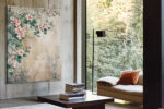 Pink blossoms and flowering branches in warm beige tones, mixed-media floral wall art canvas for bedroom