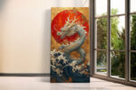 Serpentine dragon rising from ocean waves toward red sun disc, gold and navy East Asian wall art canvas portrait