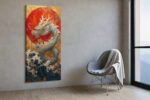Serpentine dragon rising from ocean waves toward red sun disc, gold and navy East Asian wall art canvas portrait