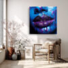 Cobalt blue face with deep purple dripping lips, dramatic digital art canvas for living room or home office